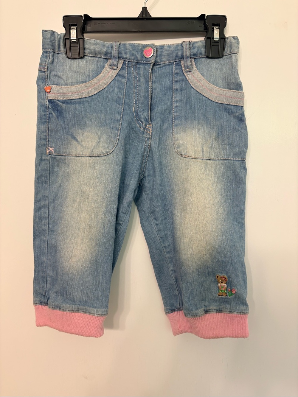 Toddler Girls 5T Cute Denim Capri Pink Teddy Bear Adjustable Waist Tulip Pockets